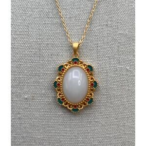 Gold Tone Pendant Necklace with White Oval Stone and Colorful Accents